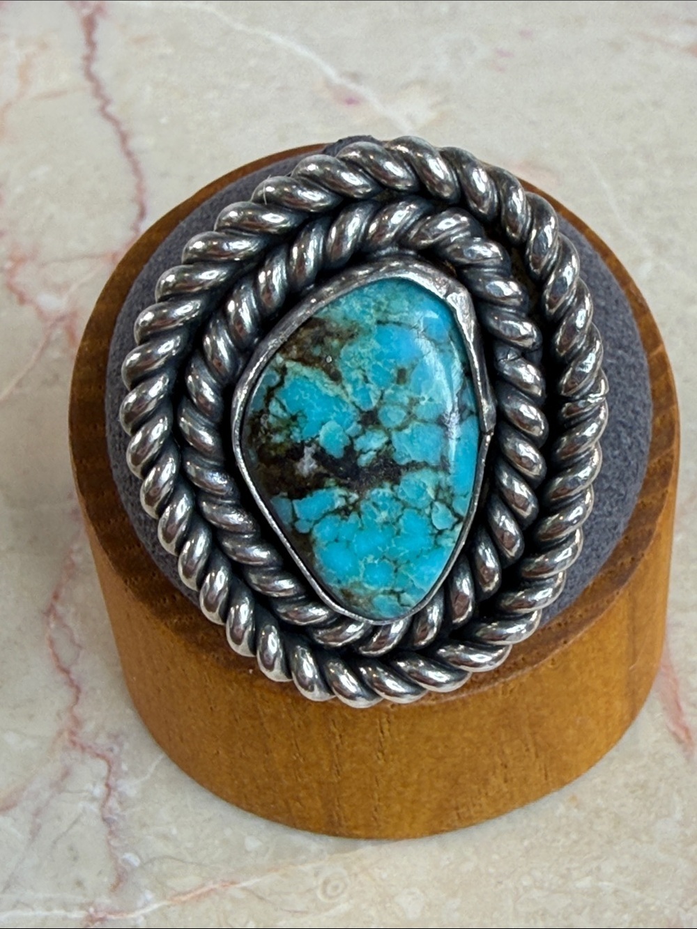Turquoise & Sterling Rope Oval Navajo Indian Statement Ring, Size 11